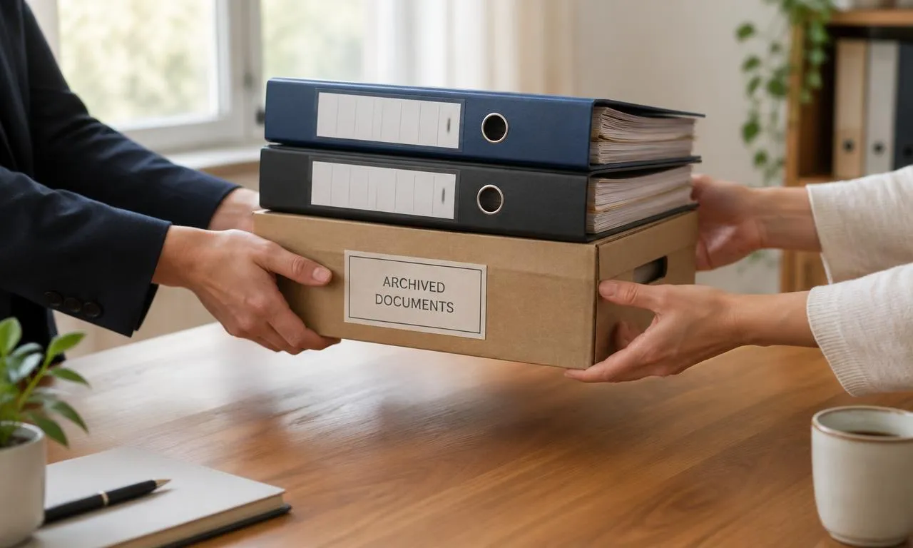 Iratrendezők és archivált dokumentumok átadása egy irodai asztal fölött